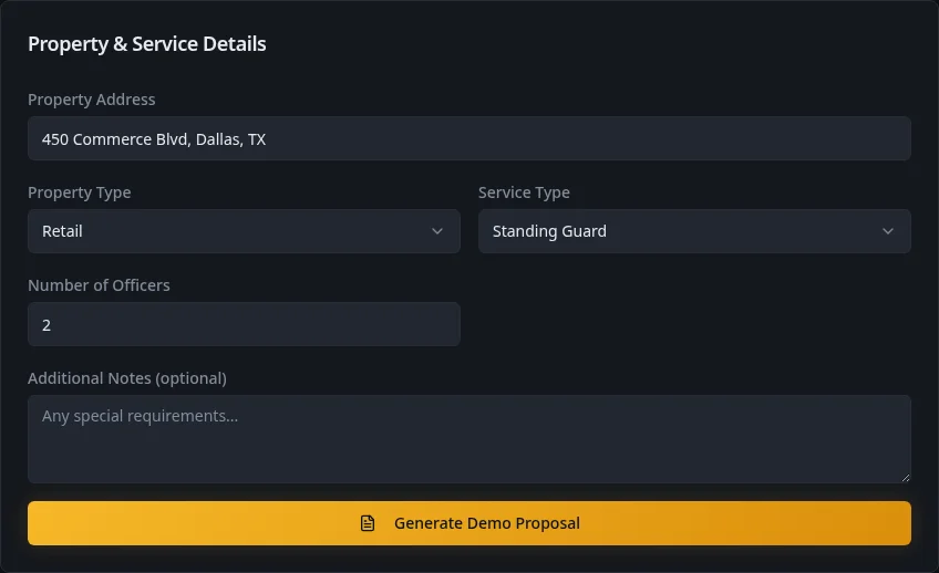 Sentinel Forge Systems demo proposal form with property details, service type, staffing, and a Generate Demo Proposal button
